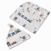 Trains Organic Jersey Wrap & Beanie Set