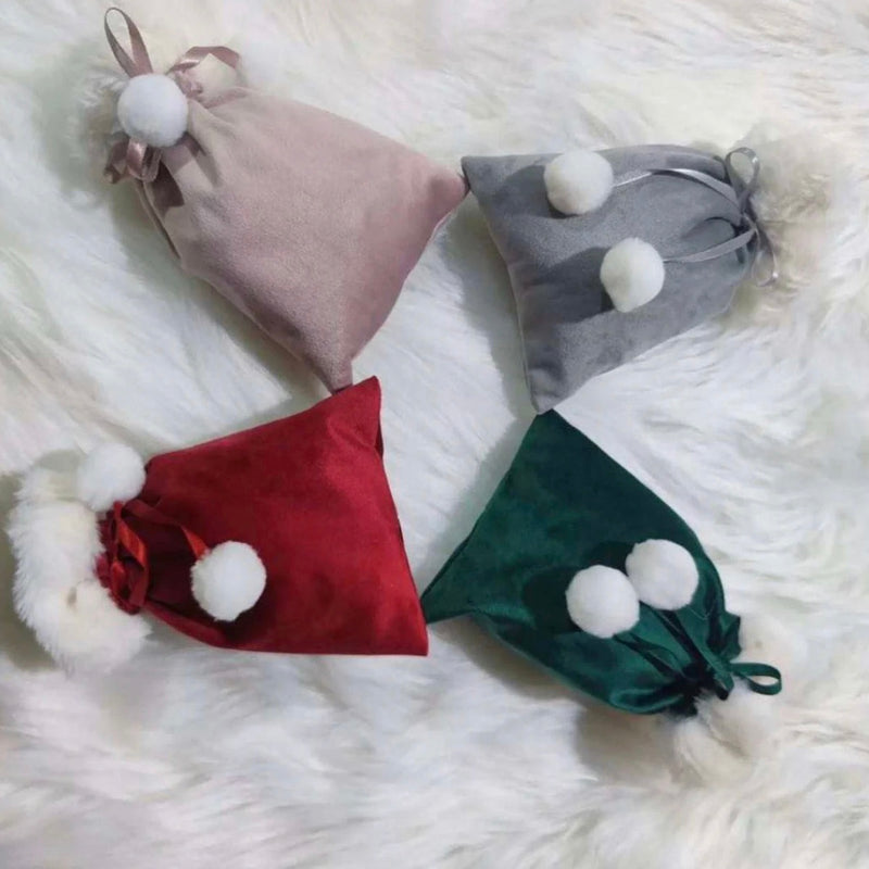 Velvet Pom Pom Christmas Pouch - Red