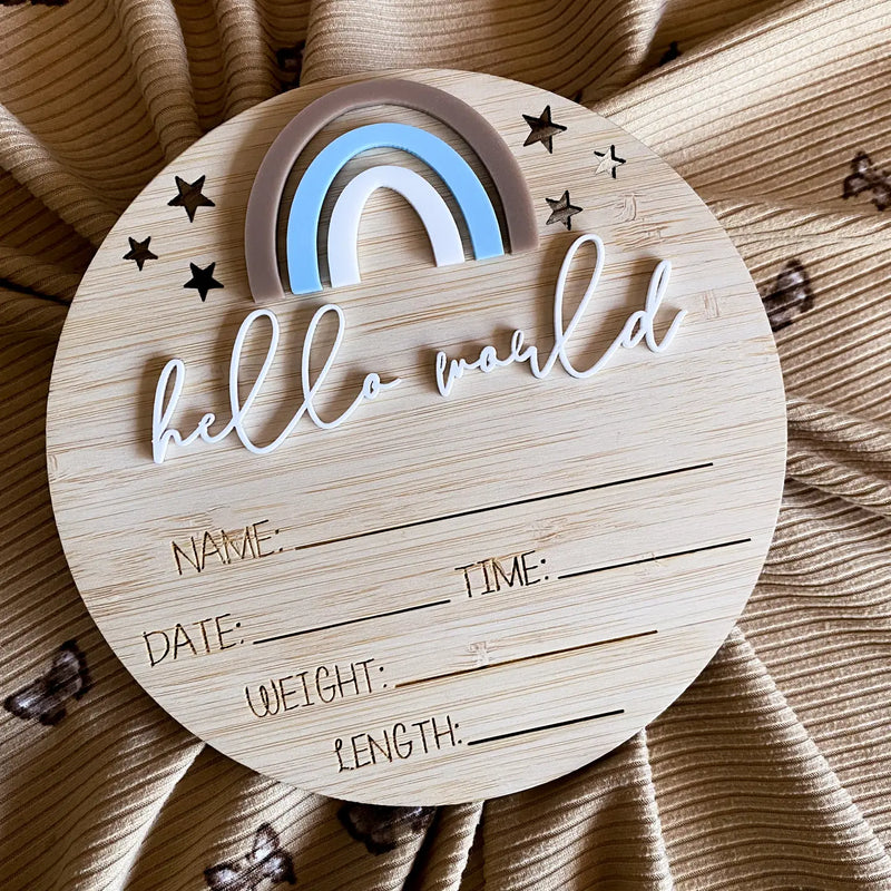 Rainbow Neutral and Blue Round Writeable Birth Announcement Sign