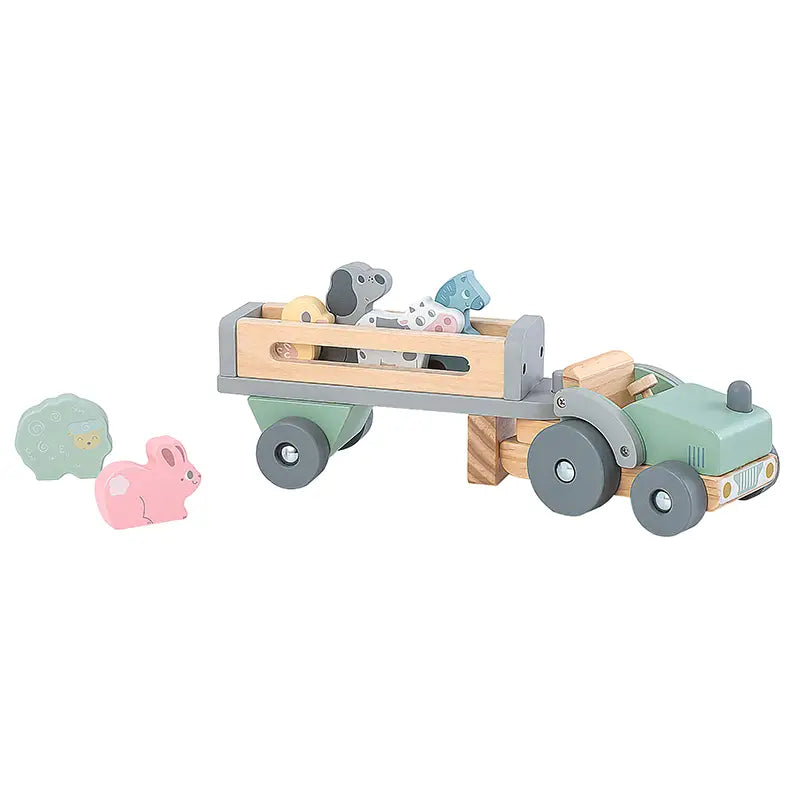 Wooden Tractor with Trailer and Animals