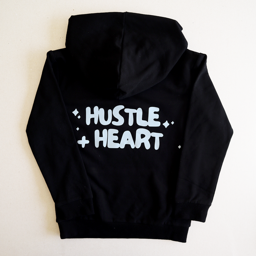 Hustle + Heart Black Hoodie with Blue Logo