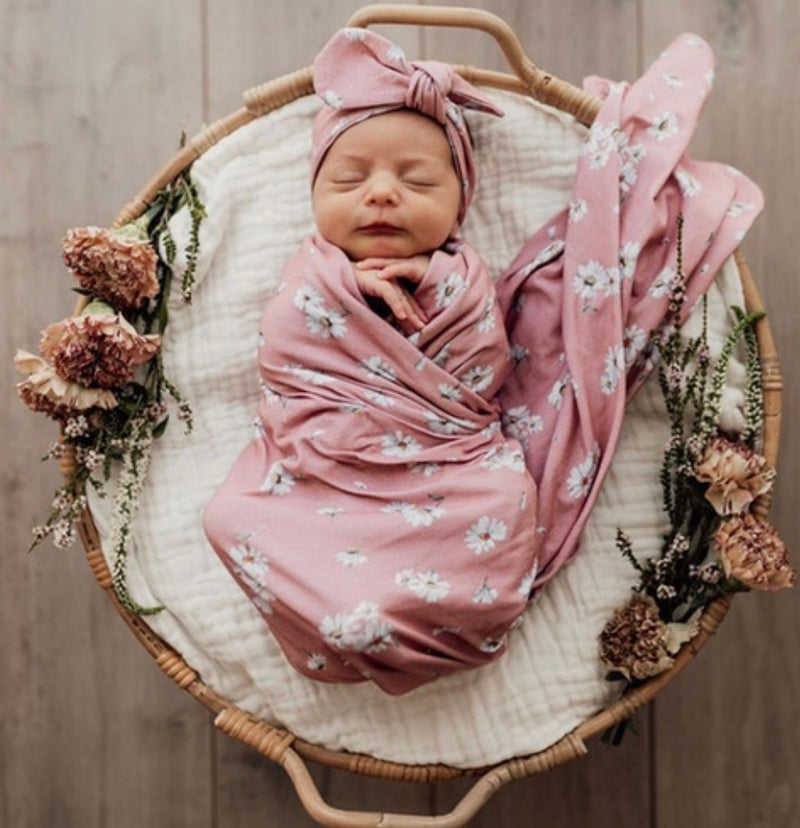 Daisy Baby Jersey Wrap and Topknot Set