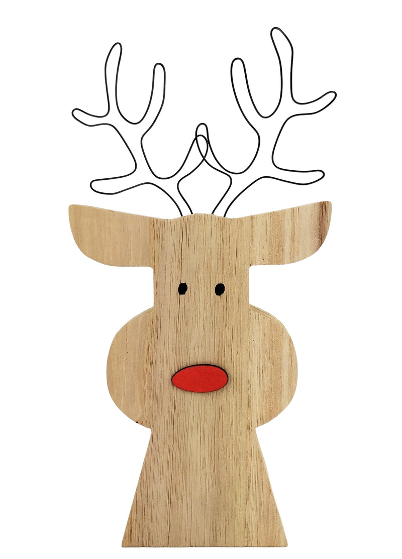 Wooden Reindeer With Red Nose Standing Decoration