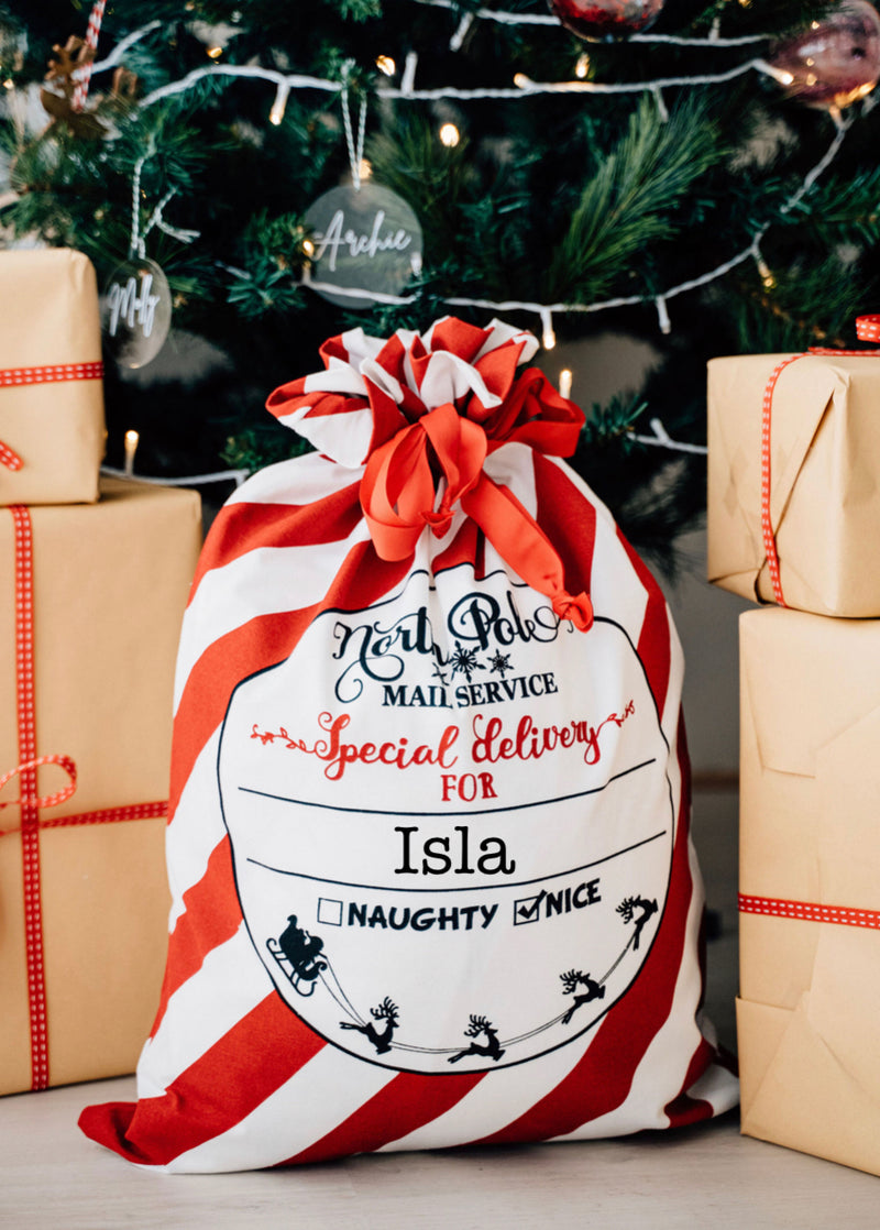 North Pole Candy Striped Red Santa Sack - Plain Font