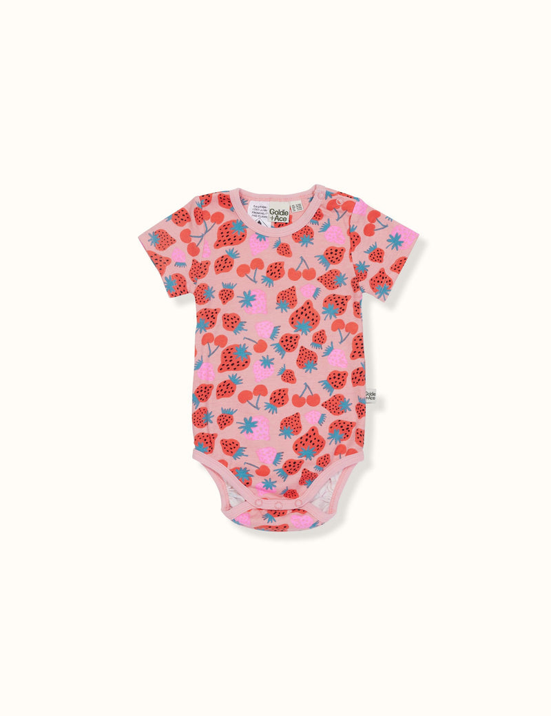 Sally strawberry print short sleeve bodysuit - pink